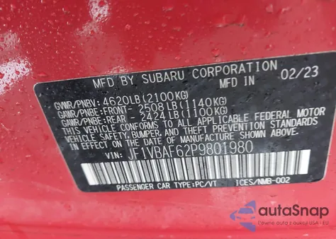 2023 Subaru Wrx Premium from USA, damaged, VIN JF1VBAF62P9801980